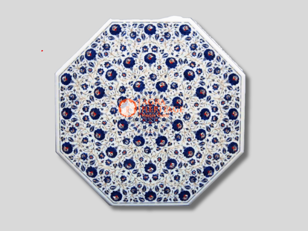 White Marble Lapis Pietradura Floral Interior Table Top